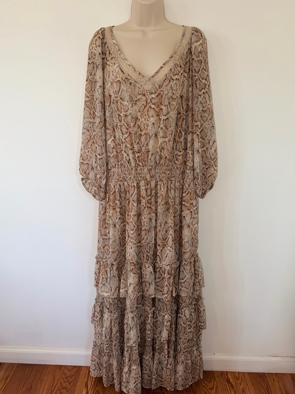 Jessica Simpson Neutral Snake-Print Tiered V-Neck Maxi Dress